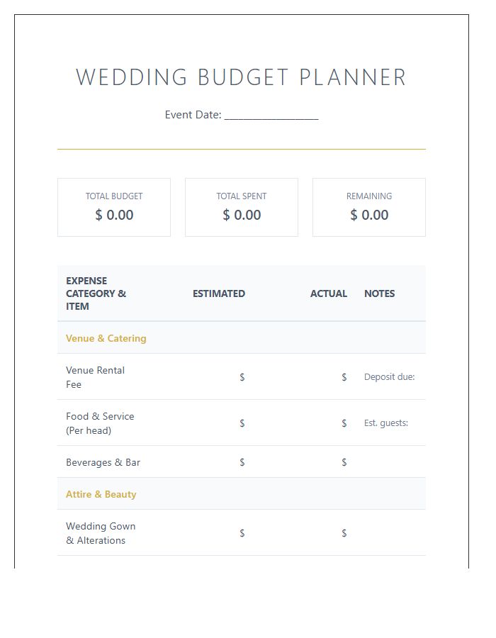 Detailed Wedding Expense Printable Budget Chart