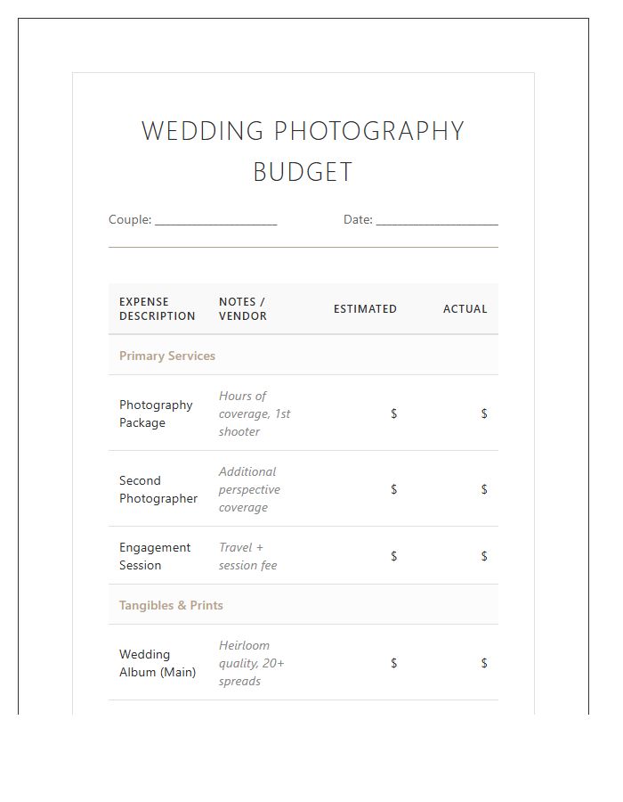 Detailed Wedding Photography Expense Printable Chart