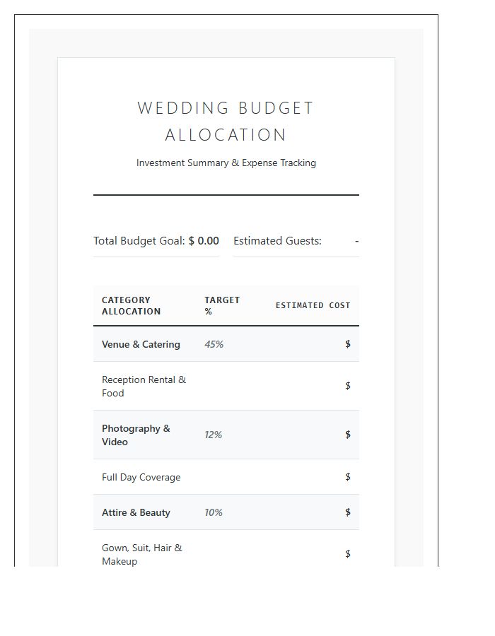 Formal Wedding Budget Allocation Printable Chart