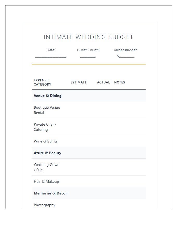 Intimate Wedding Expense Printable Budget Chart