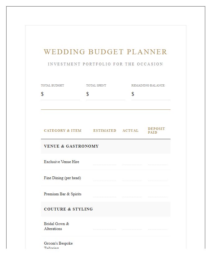 Luxury Wedding Expense Printable Budget Chart