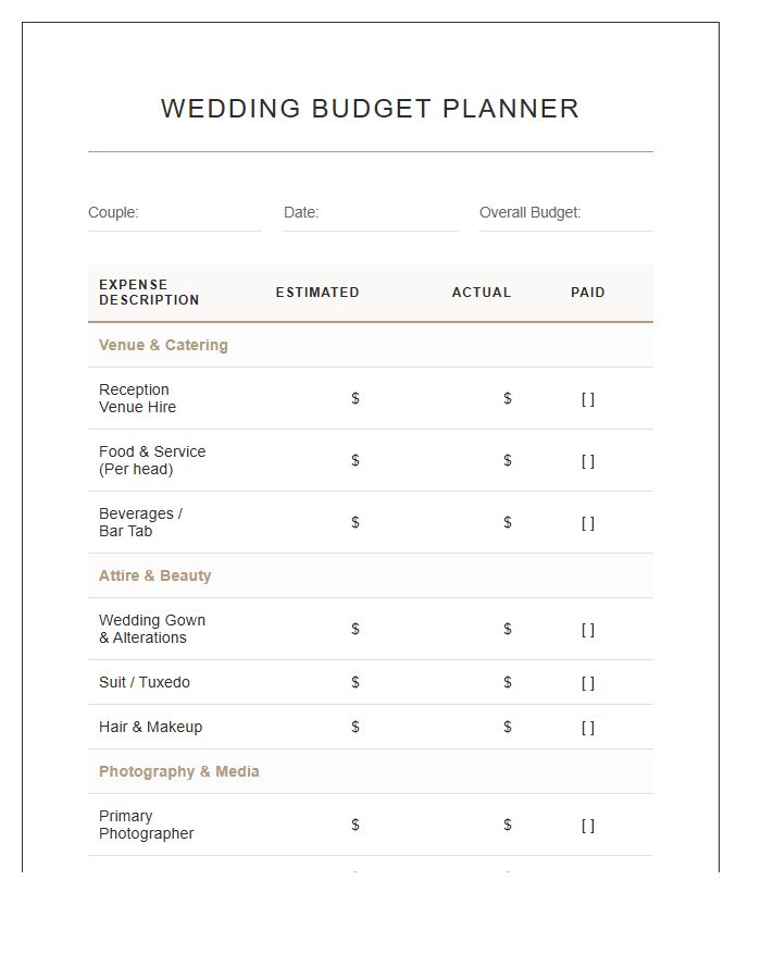 Professional Wedding Expense Tracking Printable Chart
