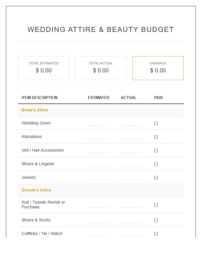 Wedding Attire And Beauty Printable Budget Chart