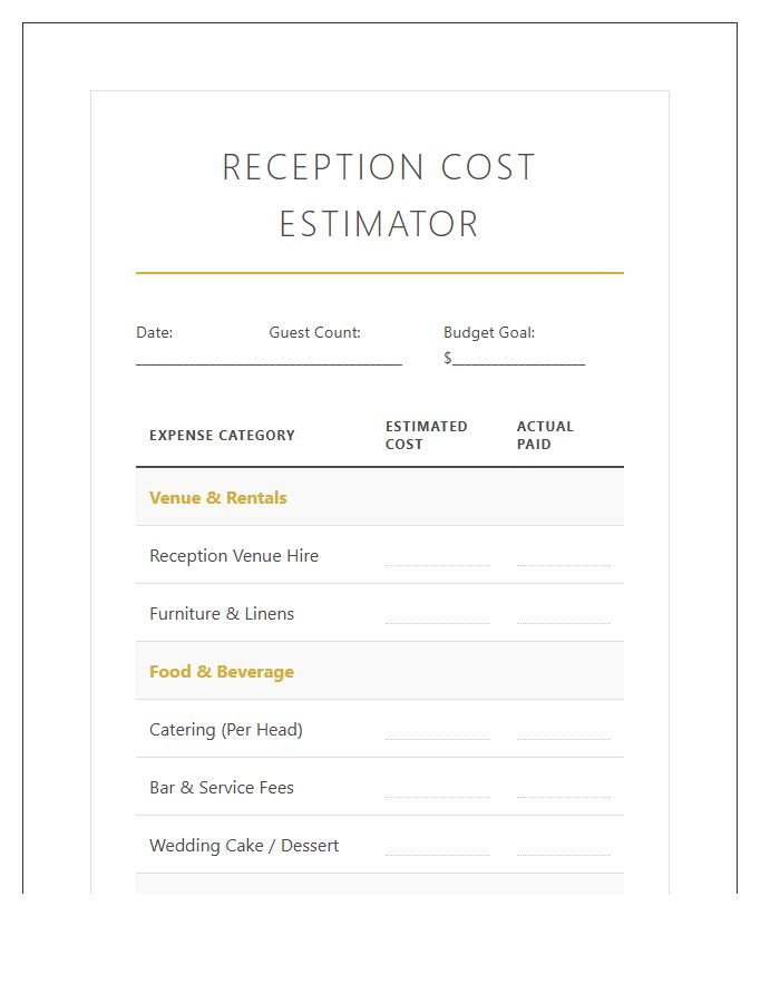 Wedding Reception Cost Estimation Printable Chart