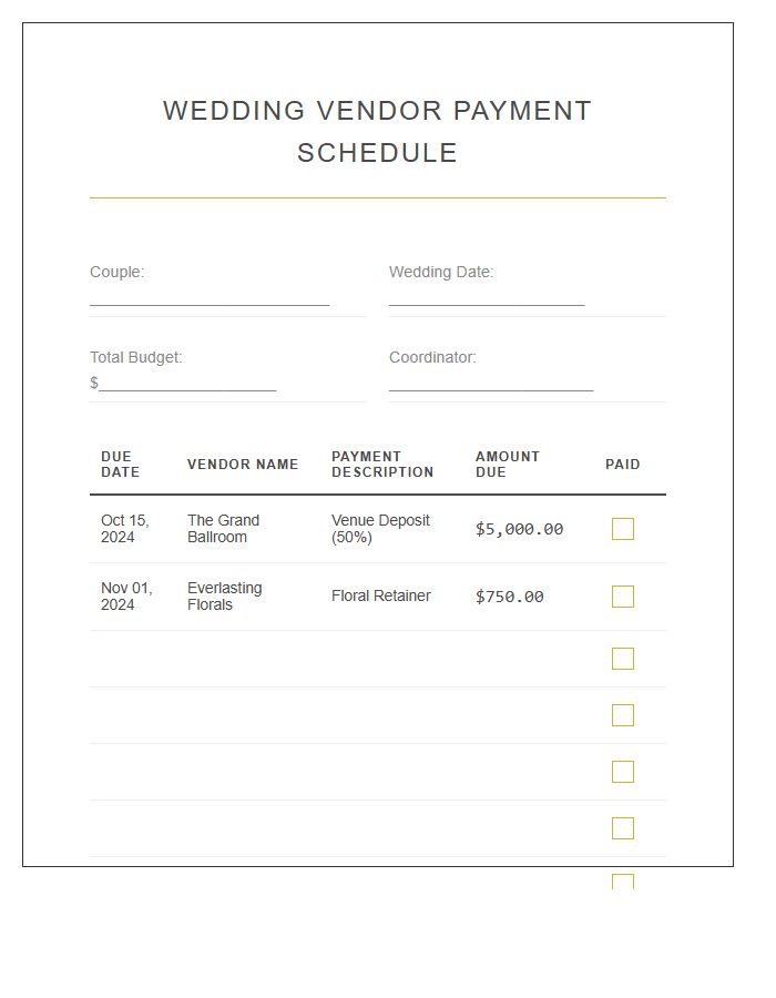 Wedding Vendor Payment Schedule Printable Chart