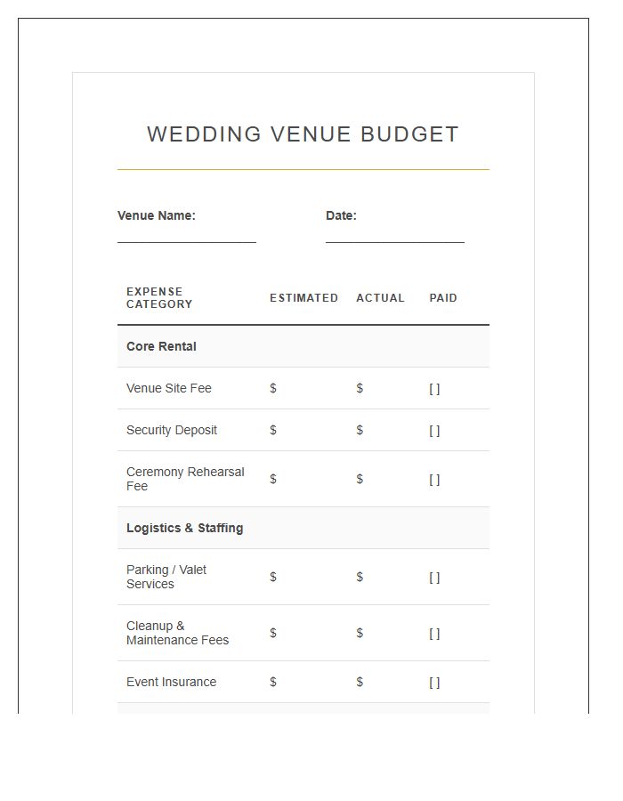 Wedding Venue Rental Printable Budget Chart