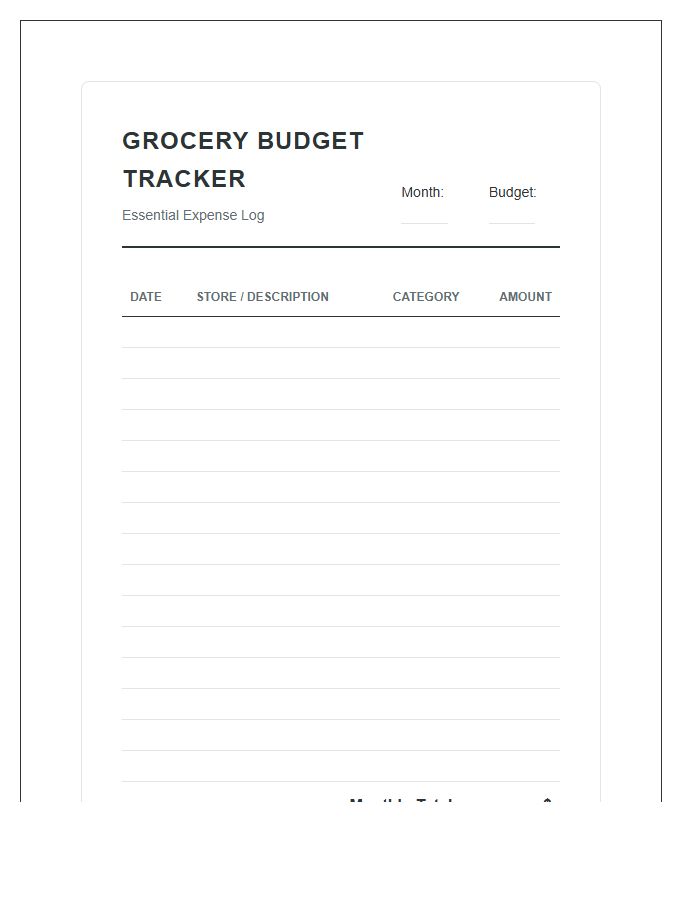 Essential Grocery Budget Tracking Printable Chart