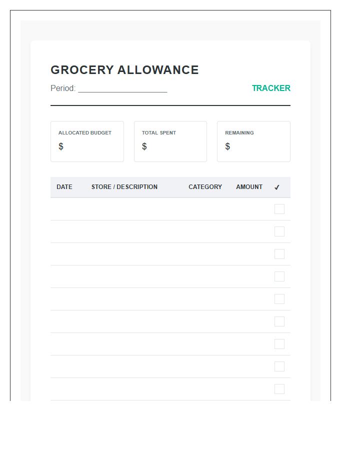 Grocery Allowance Management Printable Budget Chart