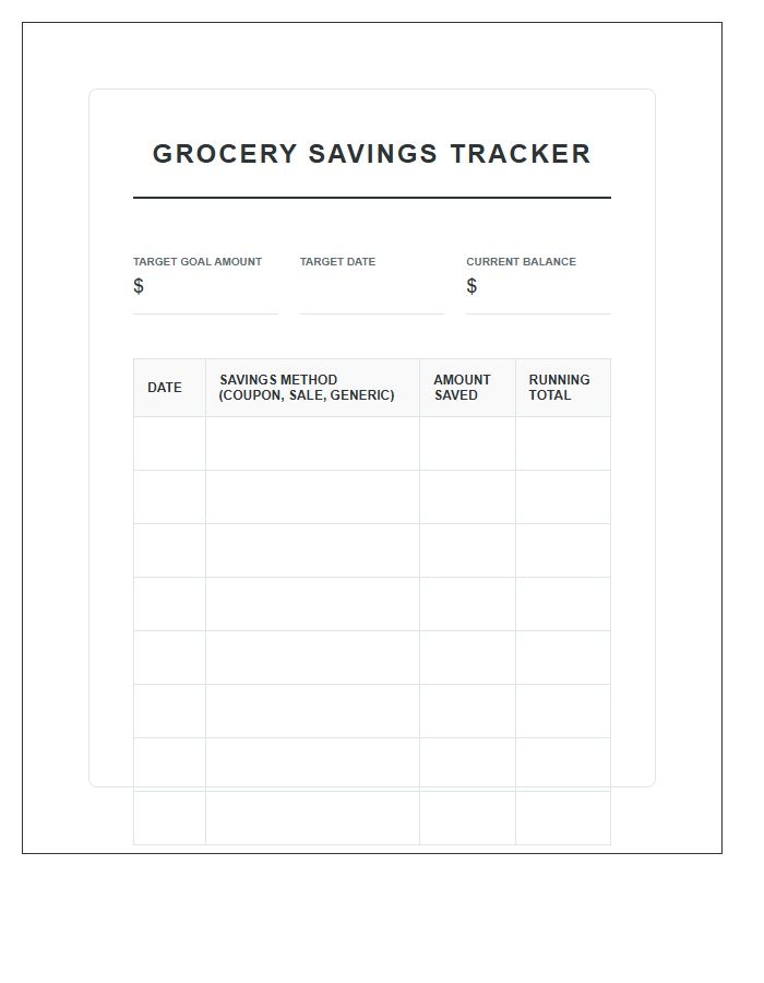 Grocery Savings Goal Printable Budget Chart