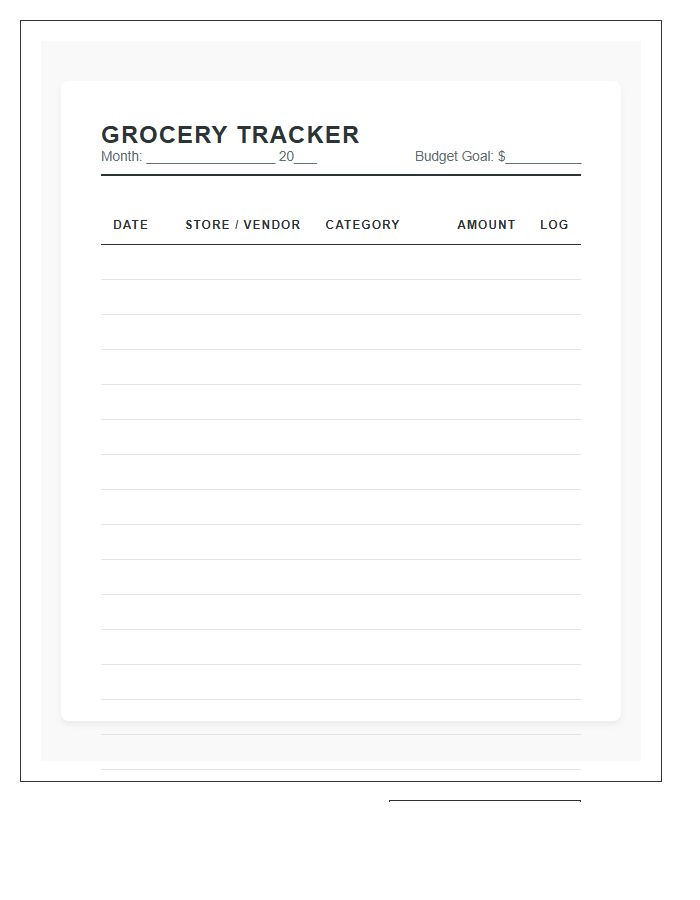 Grocery Store Receipt Tracking Printable Chart