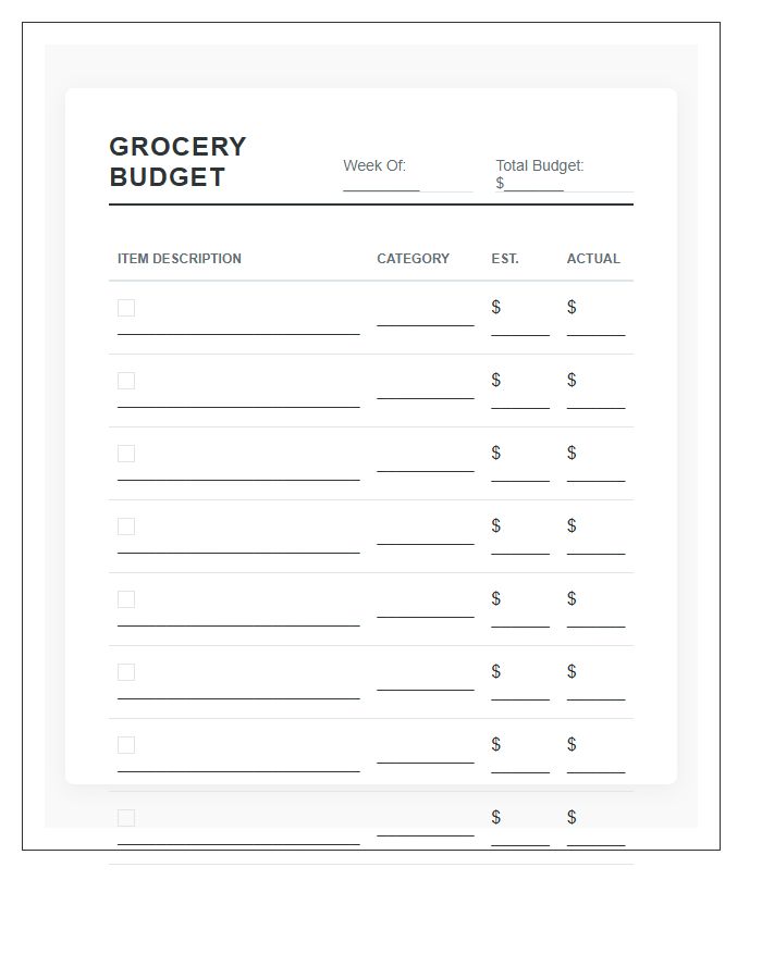 Personal Weekly Grocery Budget Printable Chart