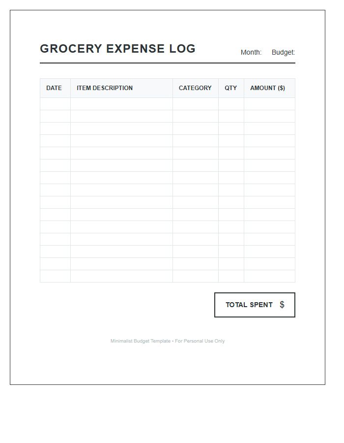 Printable Grocery Expense Log Budget Chart