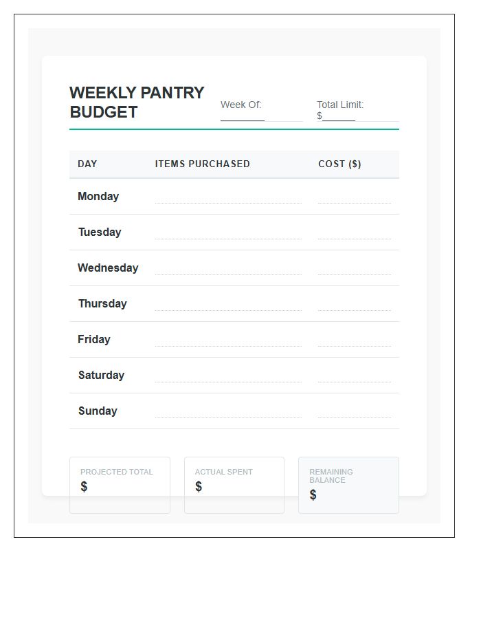 Printable Weekly Pantry Spending Budget Chart