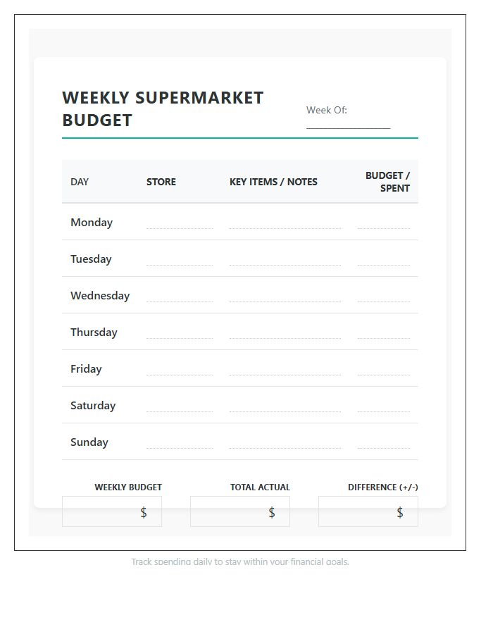 Printable Weekly Supermarket Spending Budget Chart