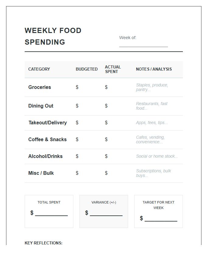 Weekly Food Spending Analysis Printable Chart