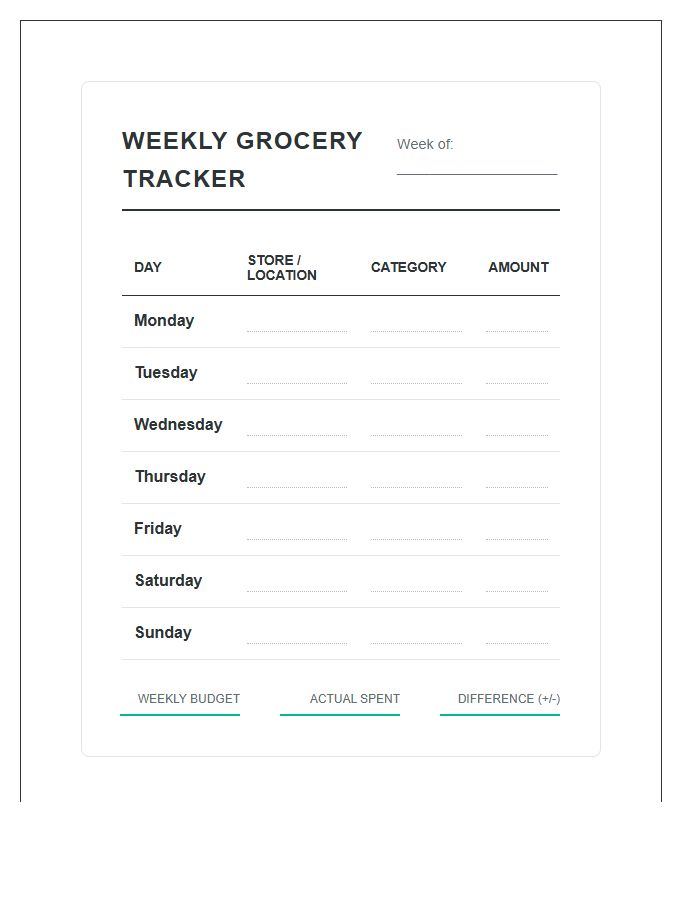 Weekly Grocery Expense Tracking Printable Chart