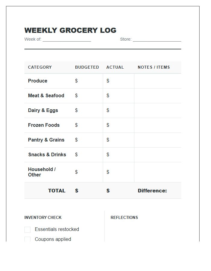 Weekly Grocery Shopping Cost Printable Chart