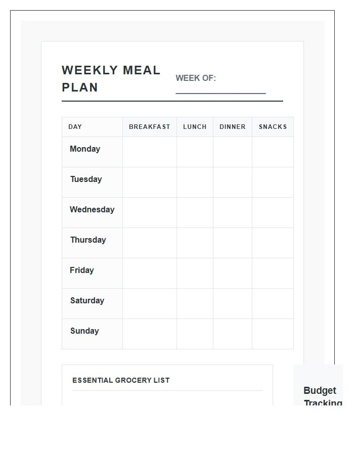 Weekly Meal Planning And Budget Printable Chart