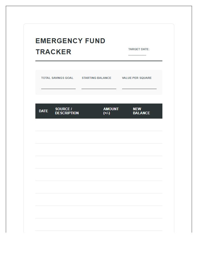 Complete Emergency Savings Printable Budget Chart