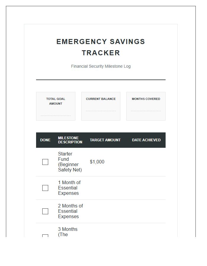 Comprehensive Emergency Savings Printable Chart