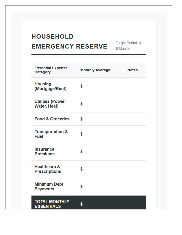 Household Emergency Reserve Printable Budget Chart