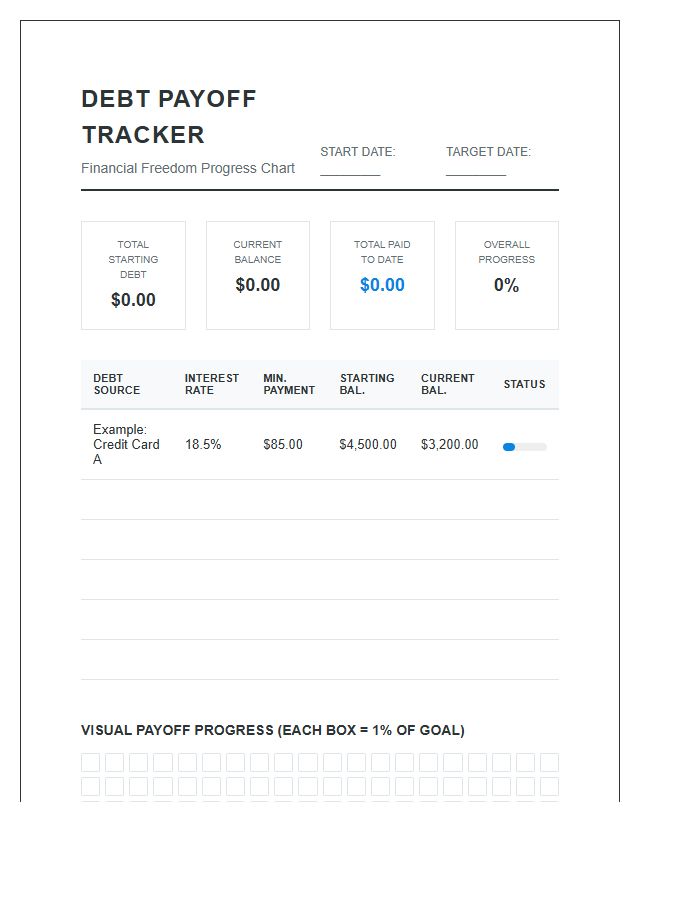 Comprehensive Debt Payoff Progress Printable Budget Chart
