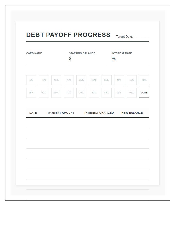 Credit Card Debt Payoff Progress Printable Budget Chart