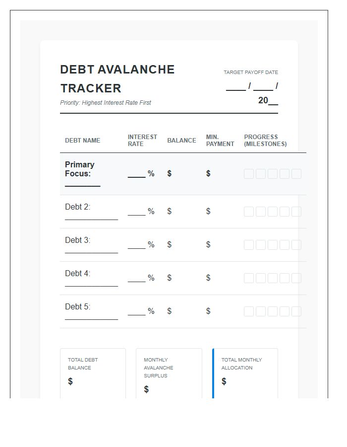 Debt Avalanche Strategy Progress Printable Budget Chart