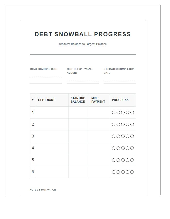 Debt Snowball Method Progress Printable Budget Chart