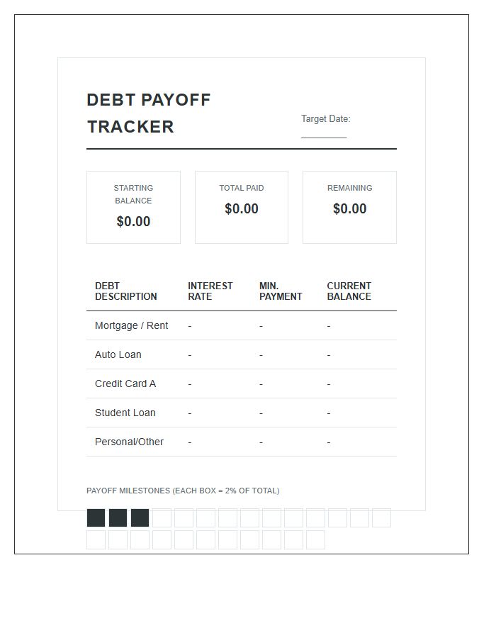 Household Debt Payoff Progress Printable Budget Chart