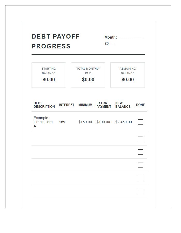 Monthly Debt Payoff Progress Printable Budget Chart