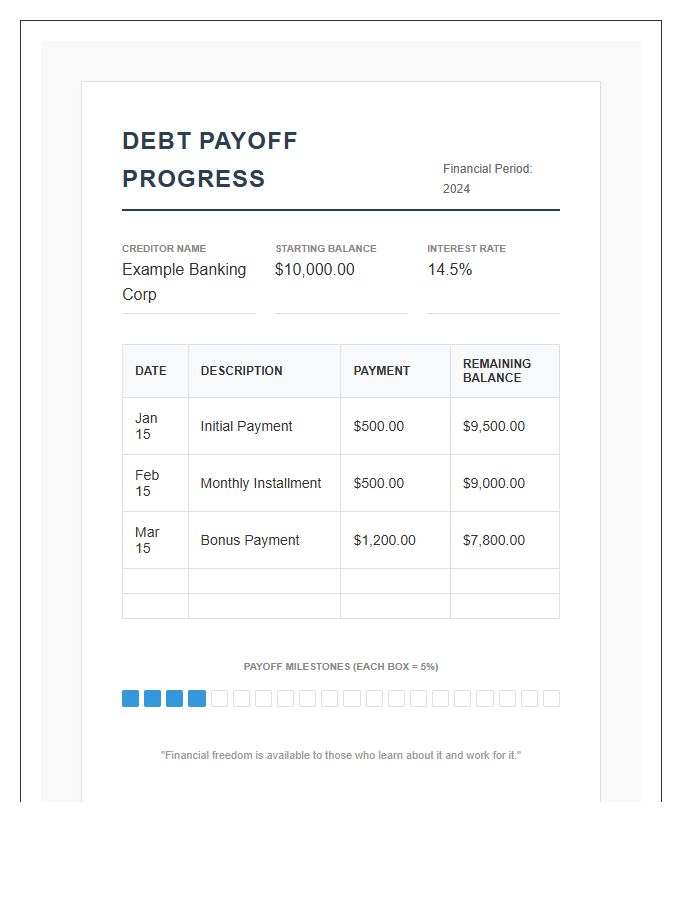 Professional Debt Payoff Progress Printable Budget Chart