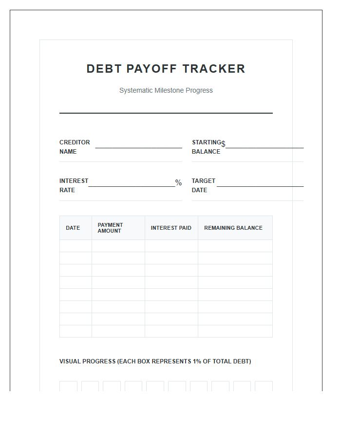 Systematic Debt Payoff Progress Printable Budget Chart
