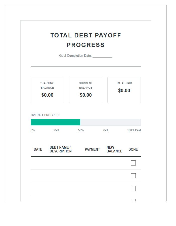 Total Debt Payoff Progress Tracking Printable Budget Chart