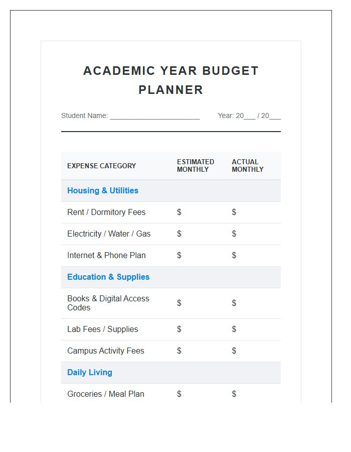 Academic Year Living Printable Budget Chart