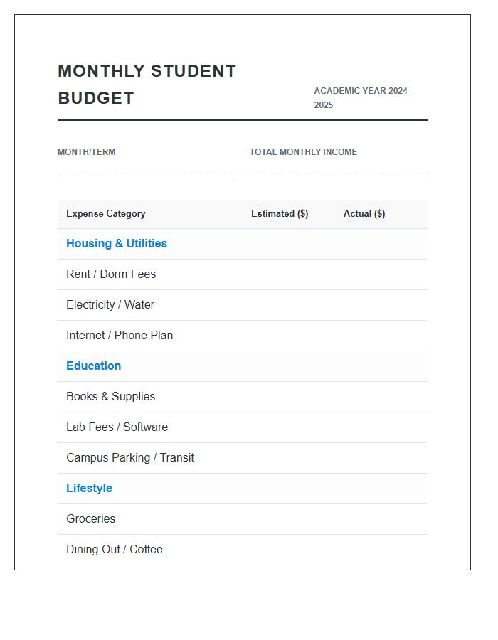 Basic College Student Printable Budget Chart