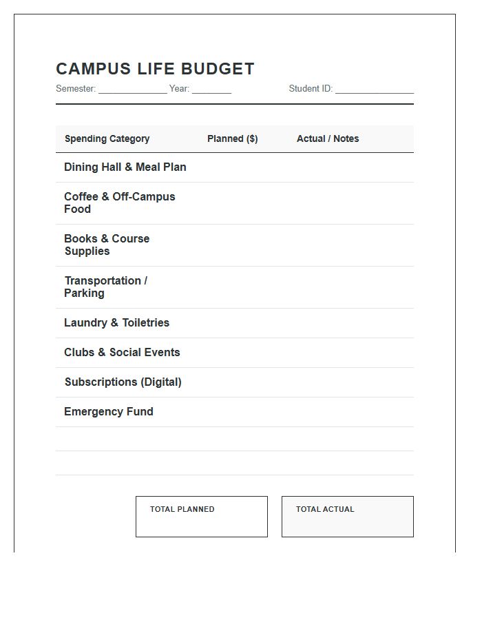 Campus Life Spending Printable Budget Chart