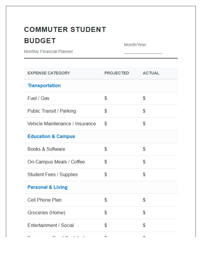 Commuter Student Living Printable Budget Chart