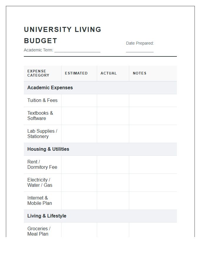 Detailed University Living Printable Budget Chart