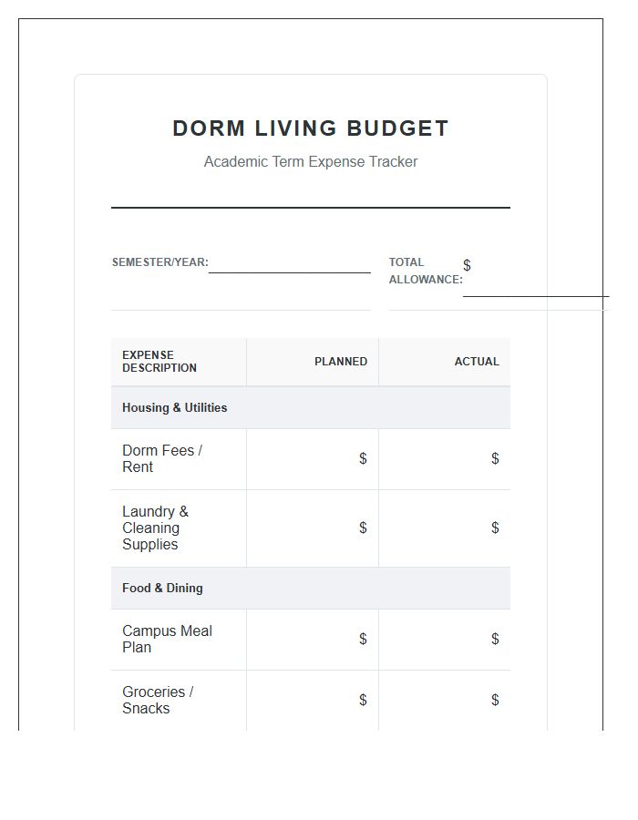 Dorm Room Living Printable Budget Chart