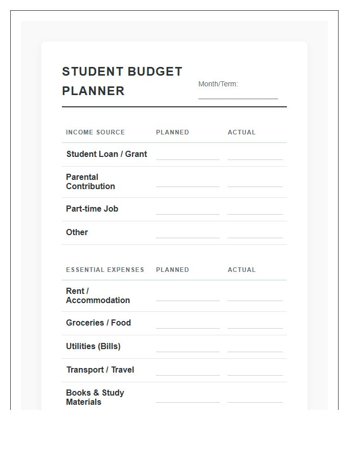 Essential Student Living Printable Budget Chart