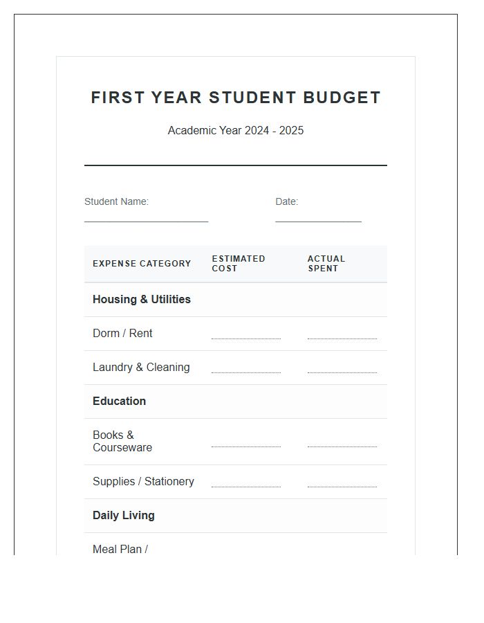 First Year Student Living Printable Budget Chart