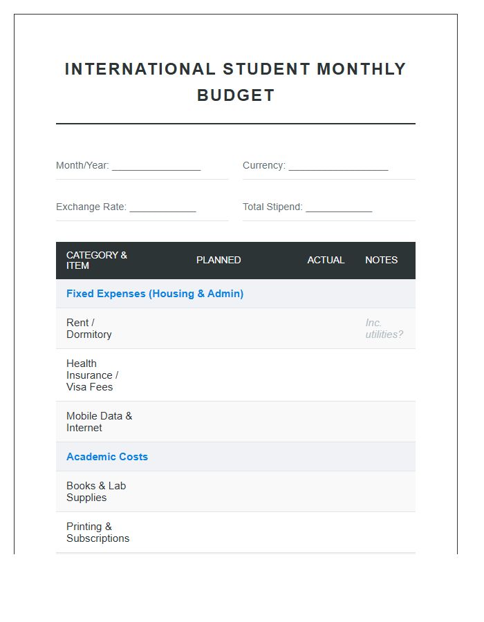 International Student Living Printable Budget Chart