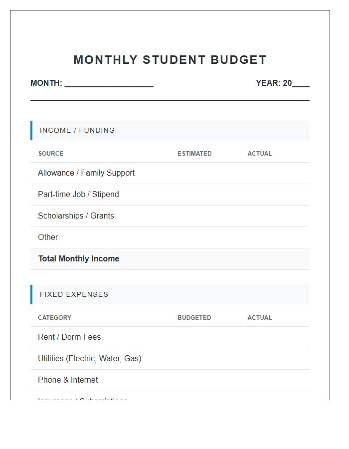 Monthly University Student Printable Budget Chart