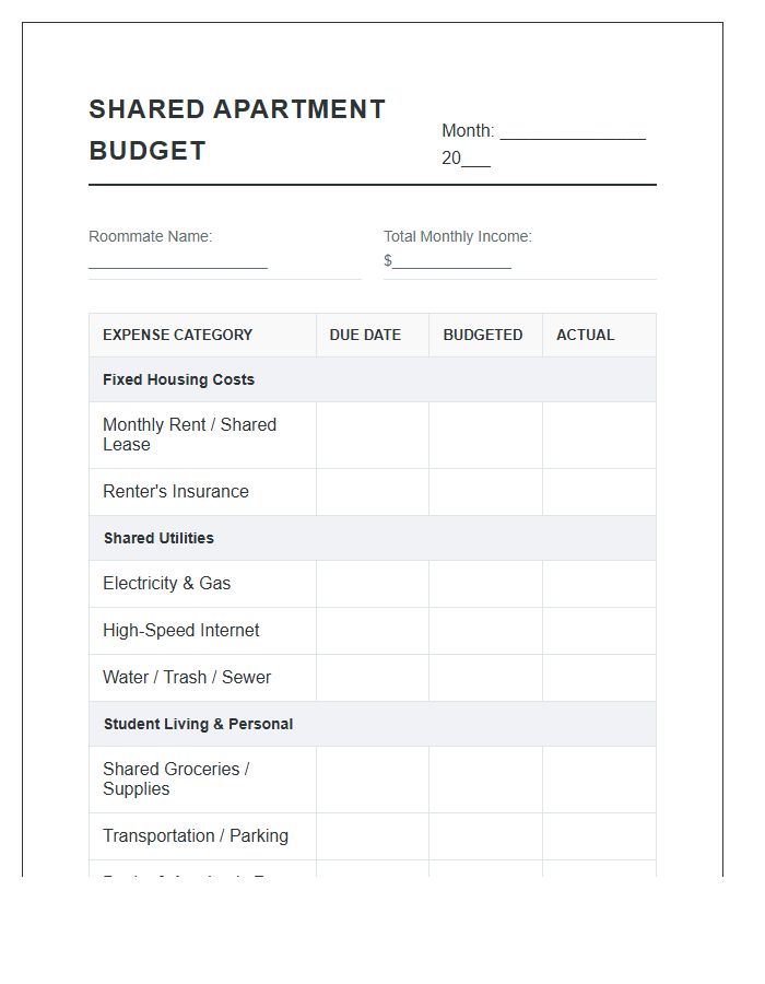 Shared Apartment Student Living Printable Budget Chart