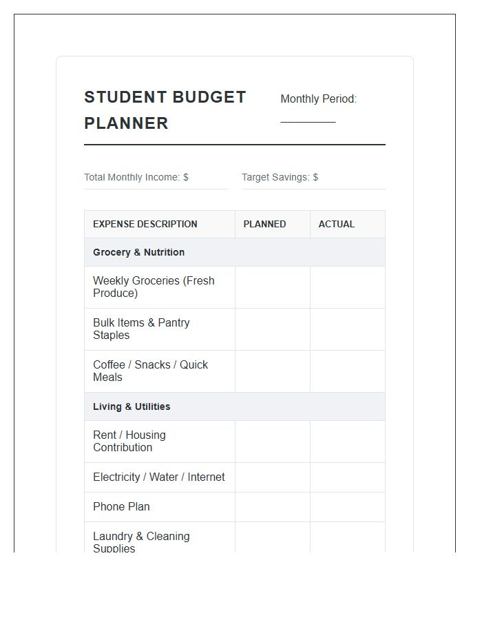 Student Grocery And Living Printable Budget Chart