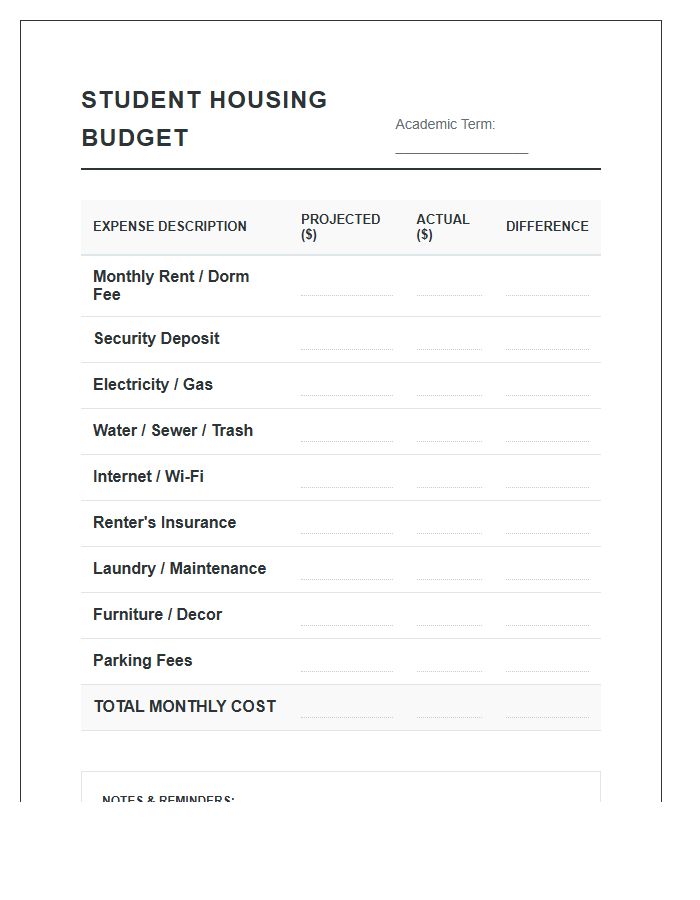 Student Housing Expense Printable Budget Chart