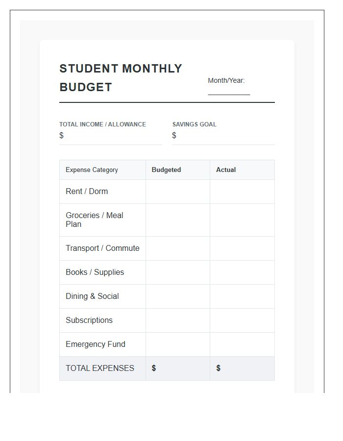 Student Monthly Savings Printable Budget Chart
