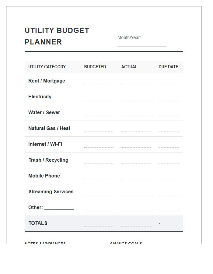 Apartment Utility Budget Planning Printable Chart