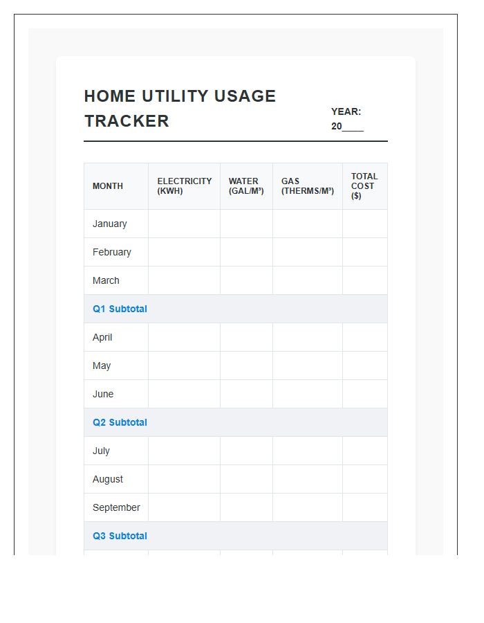 Comprehensive Home Utility Usage Printable Chart